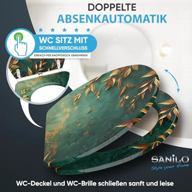 Sanilo WC Sitz Greego, mit Absenkautomatik und antibakterieller Beschichtung, hochwertiges Holz, 4-seitig bedruckt, verstellbare Scharniere – Bild 3