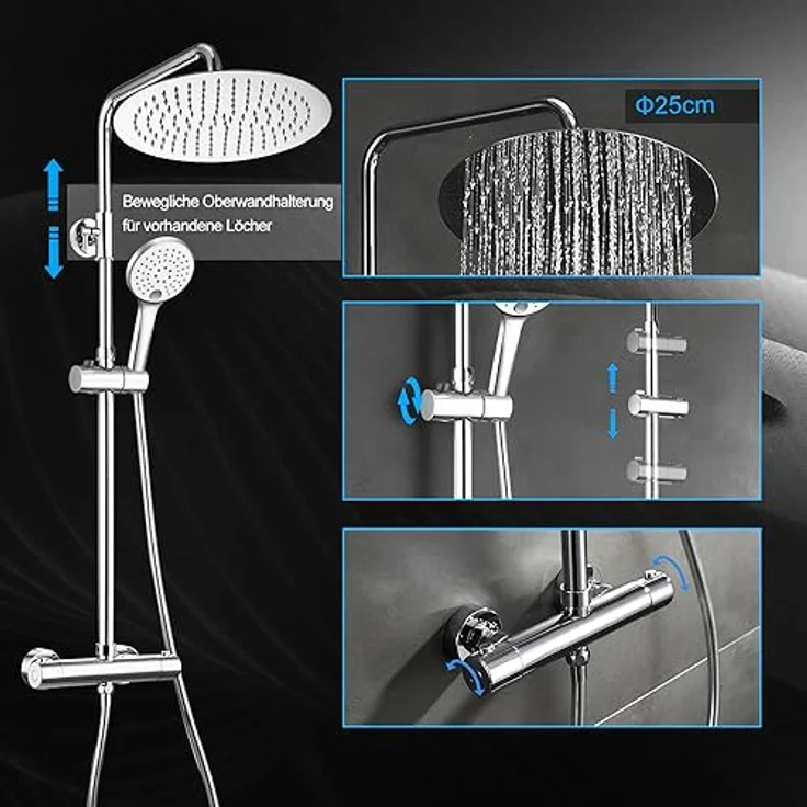 JOHO Duschset Edelstahl mit Thermostat Duscharmatur, Regendusche D25cm, 3 Strahlarten Handbrause, chrom – Bild 5