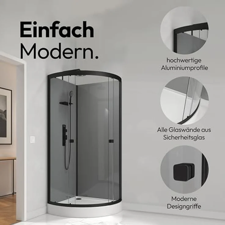 Marwell Komplettdusche Grey Style Round, 90x90 cm, Fertigdusche mit 5mm gehärtetem Glas – Bild 5