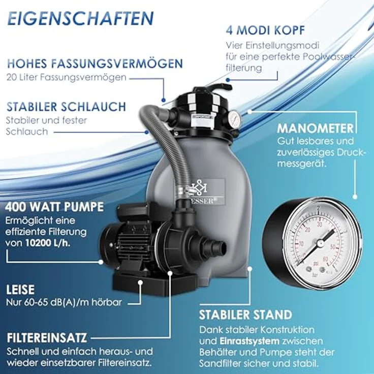 KESSER Sandfilter Sandfilteranlage + 700g Filterbälle ersetzen 25kg Filtersand- Poolfilter 10 m³-h Filteranlage Filterkessel für Pool Schwimmbecken 4-Wege Ventil , einfache Steuerung Grau – Bild 2