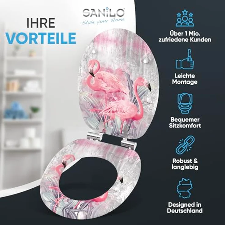 Sanilo WC Sitz Flamingo 2, Toilettendeckel aus Holz mit Absenkautomatik, antibakterieller Oberfläche, 47x37,7 cm – Bild 3