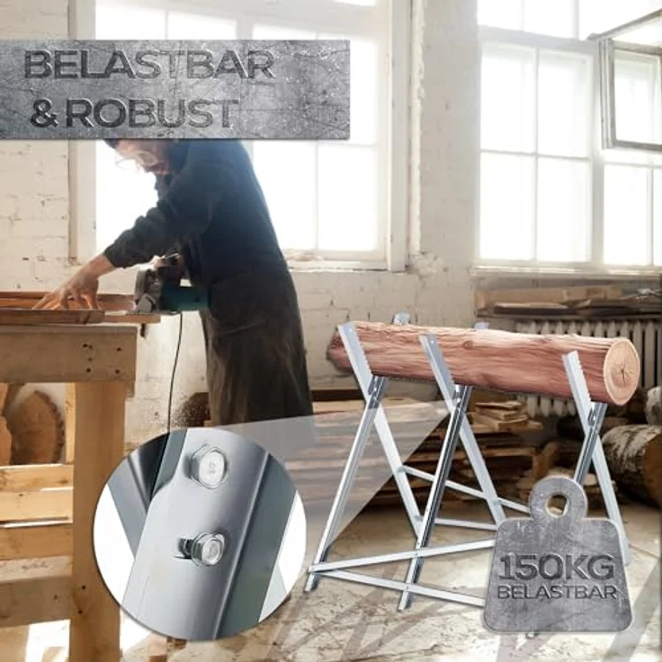 GARMIO Sägebock Sägebock verzinkt zusammenklappbarer Holzsägebock 4-fach, Extra robust, verkeilte Zinken, Greifzähne besserer Halt, 150 kg max. Belastbarkeit, silber – Bild 9