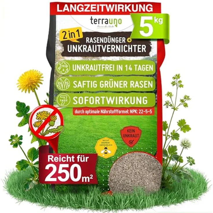 TerraUno Rasendünger mit Unkrautvernichter, extra stark, 5 kg für 250 m², 100 Tage Langzeitwirkung gegen Löwenzahn und Klee für saftiges Grün im Frühjahr & Sommer – Bild 1