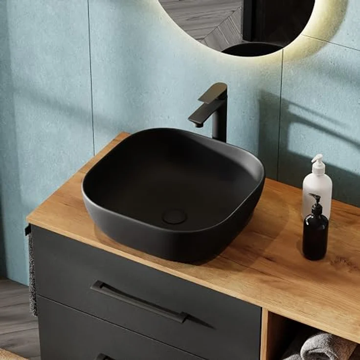 Planetmöbel Aufsatzwaschbecken Aquil, Keramik Waschbecken 42 cm, quadratisch, schwarz, ohne Hahnloch und Überlauf – Bild 6