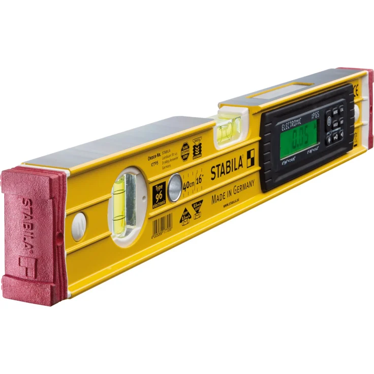 STABILA Elektronische Wasserwaage TECH 196, 40 cm, 2 Digital-Displays, Messbereich: 0° – 360° (4 x 90°), Anzeige-Modi: °, %, mm/m, in/ft, Schutzklasse IP 65, Wasserwaagen-Tasche – Bild 1