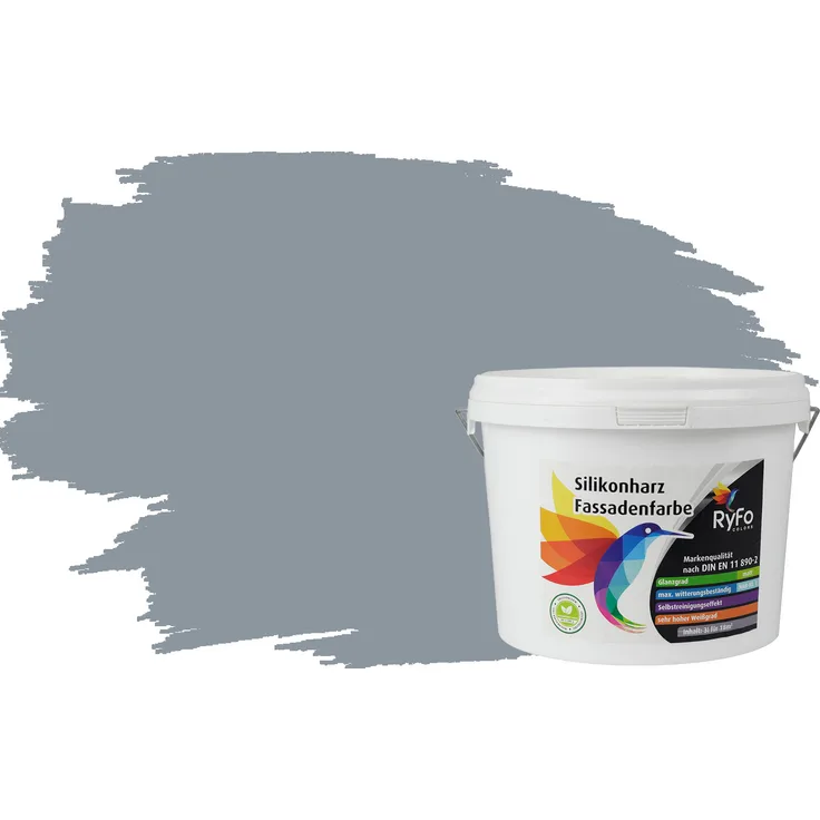 RyFo Colors Silikonharz Fassadenfarbe Lotuseffekt Trend Silbergrau 3l - bunte Fassadenfarbe, weitere Grau Farbtöne und Größen erhältlich, Deckkraft Klasse 1