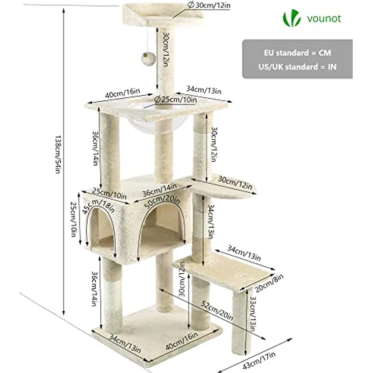 VOUNOT Kratzbaum Katzenbaum Groß XXL, Stabiler Katzenkratzbaum mit Katzenhöhle, Sisal Säule, Plattformen, Raumkapsel, 138cm, Beige – Bild 4