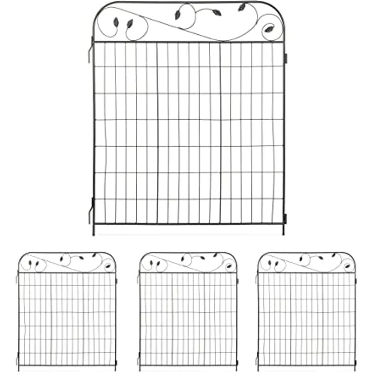 Relaxdays Gartenzaun Metall, HB: 140 x 94 cm, Beeteinfassung zum Stecken, 4 Zaunelemente, Blätter-Verzierungen, schwarz