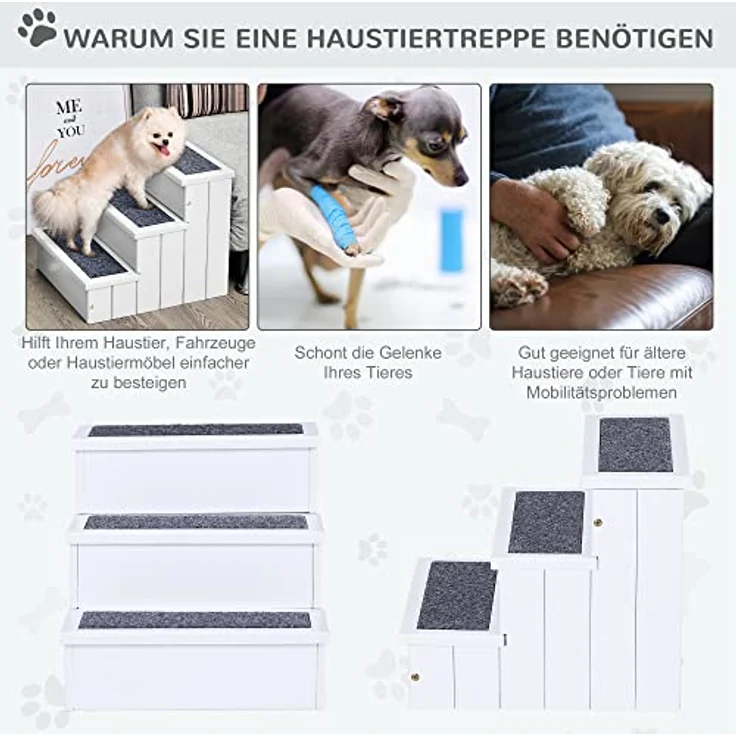 PawHut Haustiertreppe Hundetreppe Einstiegshilfe mit Teppich Stauraum Tannenholz Weiß 40,5 x 44,5 x 38 cm – Bild 4