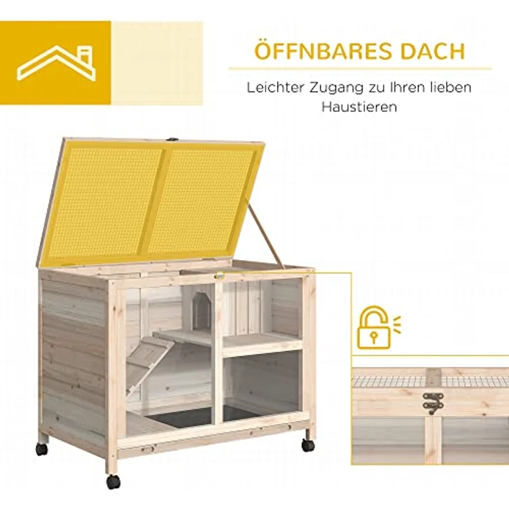 PawHut Kleintierkäfig mit Rädern Meerschweinchenkäfig Kleintierstall Kleintierhaus innen und außen Winterfest Tannenholz Natur 91,5 x 53,3 x 73 cm, 2 Ebenen, Massivholz, Rollen, einfache Reinigung – Bild 4