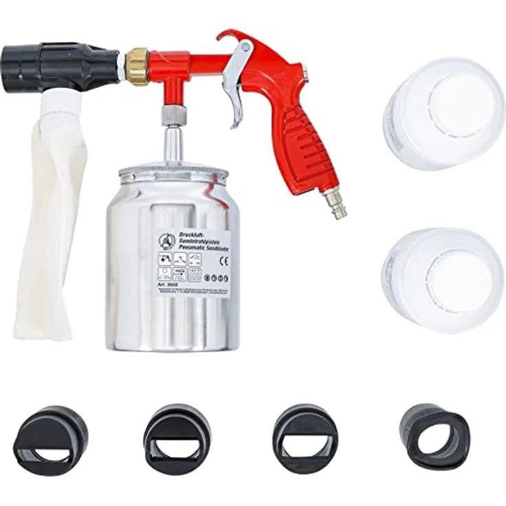 BGS Druckluft-Sandstrahlpistole, Druckluftaufsatz für Karosseriebereich, inklusive 4 Strahlkappen und 2x850g Korund #60, leicht und wirtschaftlich in der Anwendung – Bild 3
