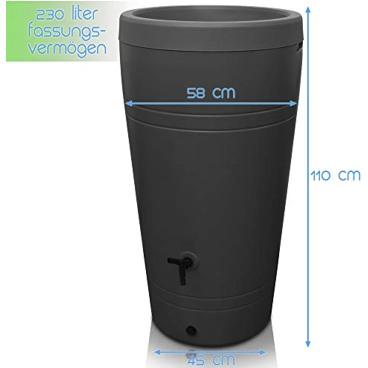 YourCasa Regentonne 230 Liter [Decore Design] frostsicher, schmal (Anthrazit) - nachhaltige Bewässerung mit Pflanzschale – Bild 5