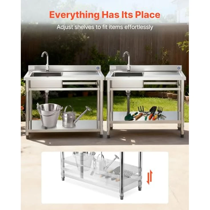 VEVOR Edelstahl Spültisch mit Wasserhahn & Ablage, 120 x 50 x 94 cm, Multifunktionsspüle für Garage, Restaurant und Garten – Bild 3