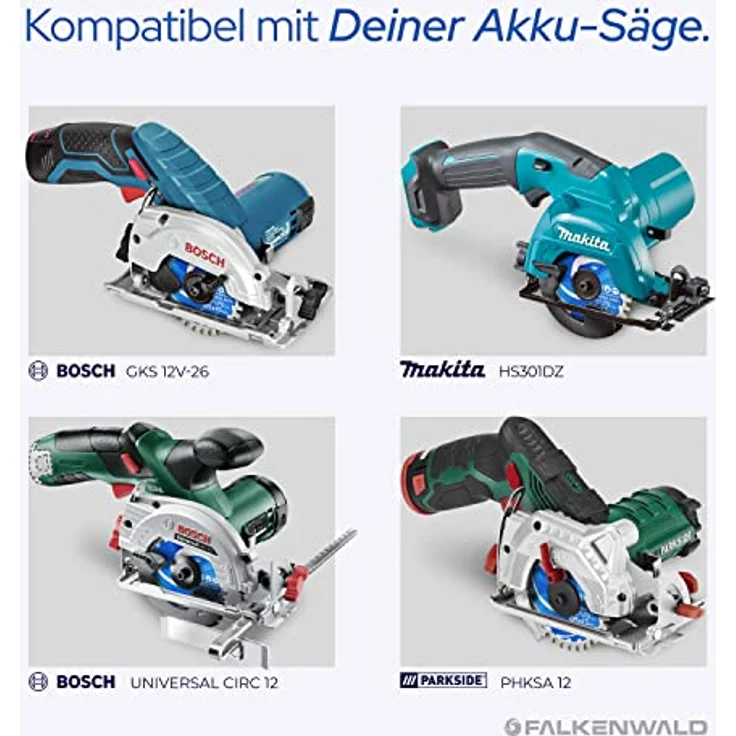 FALKENWALD Akku Sägeblatt 85x15 für Holz, hohe Präzision, kompatibel mit Bosch GKS 12v-26, Bosch GKS 85, und Makita Mini Handkreissäge – Bild 4