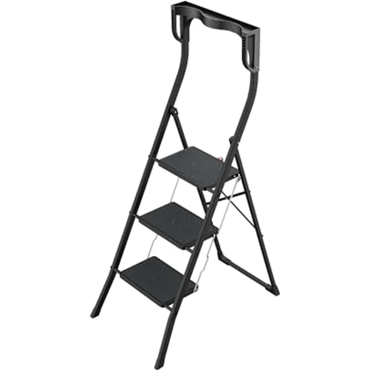 Hailo K77 ComfortLine Klapptritt - 3-stufige Trittleiter aus Stahl mit Sicherheitsbügel und Ablageschale - Arbeitshöhe bis 2,69 m - Gewicht: 6,8 kg - Schwarz