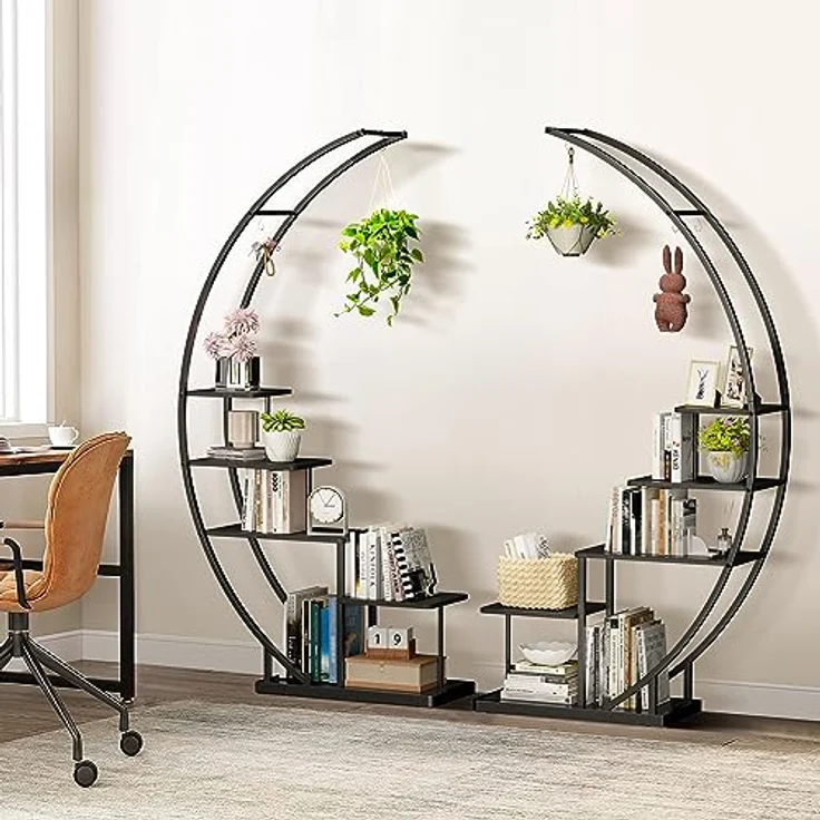 Ribelli 5-stufiger Metall-Pflanzenständer in Halbmondform 172cm, Pflanzenregal mit 5 Ablagen & Haken, Hoch Blumenständer Pflanzentreppe mit Kippschutz für Balkon Wohnzimmer Terrasse (1 Stück, Schwarz) – Bild 4