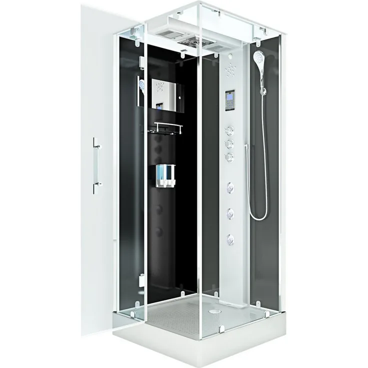 AcquaVapore D38-03L2-ALL Dampfdusche Duschkabine 80x80 cm, Sicherheitsglas ESG, höhenverstellbar, integrierte Massagedüsen, Multimedia, schwarz