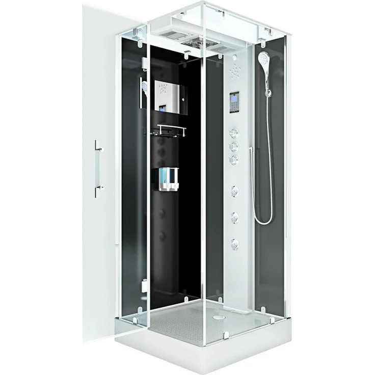 AcquaVapore D38-03L2-ALL Dampfdusche Duschkabine 80x80 cm, Sicherheitsglas ESG, höhenverstellbar, integrierte Massagedüsen, Multimedia, schwarz