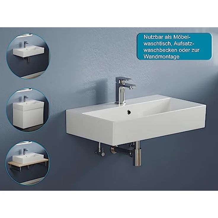 Aqua Bagno | Eckiges Design Waschbecken, hochwertige weiße Keramik, genormte Anschlüsse, Badezimmer | 700 mm x 420 mm – Bild 2
