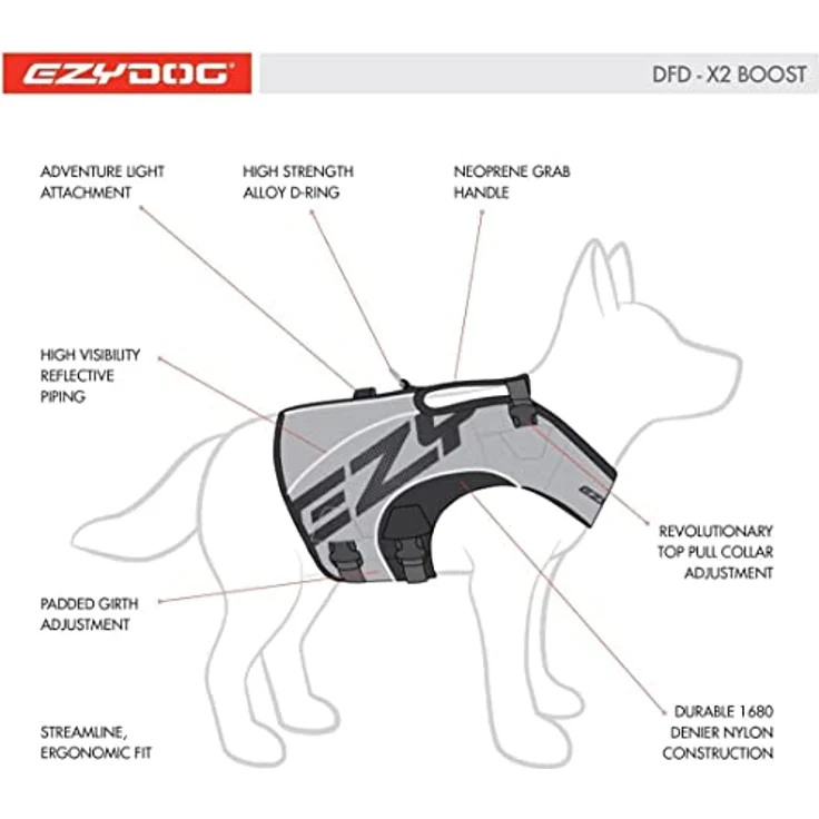 EzyDog Life Jacket X2 Boost, Hundeschwimmweste in Rot, Größe L für Hunde von 27-41kg mit ergonomischer Passform und reflektierenden Linien – Bild 3