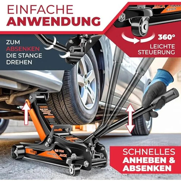 Masko Wagenheber hydraulisch Flache Hubhöhe + 2x Gummiauflage + Handschuhe, KFZ Rangierwagenheber hydraulischer 360° Rollen Heber Unterstellbock, 2.5 Tonnen, in Rot – Bild 6