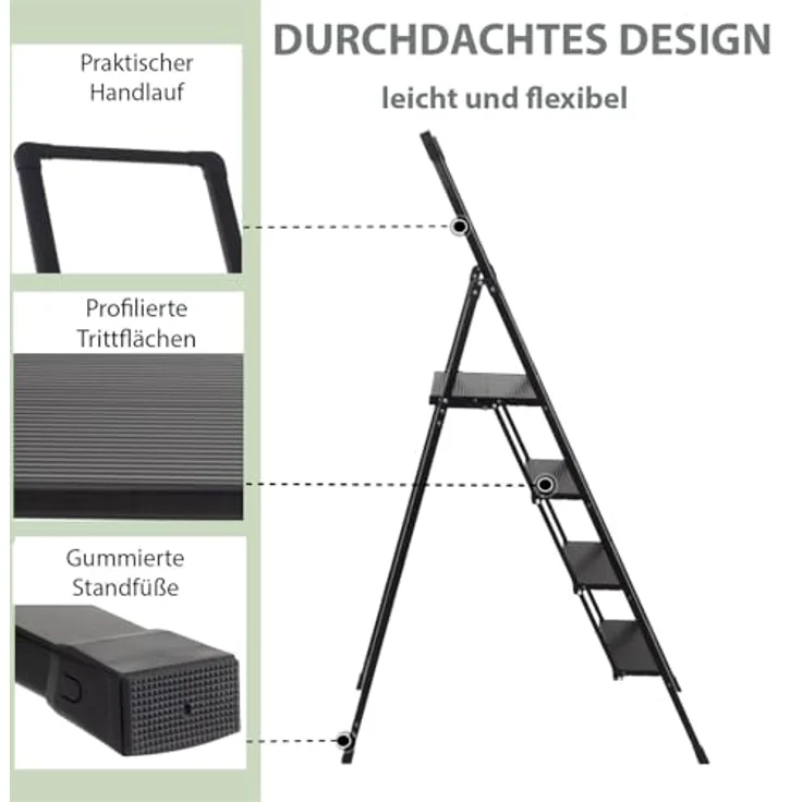 TRUTZHOLM Alu Trittleiter 4-stufig klappbar, bis 150 kg Traglast, Aluminium Silber mit Anti-Rutsch Trittflächen, TÜV/GS geprüft, leicht und platzsparend (Schwarz) – Bild 4