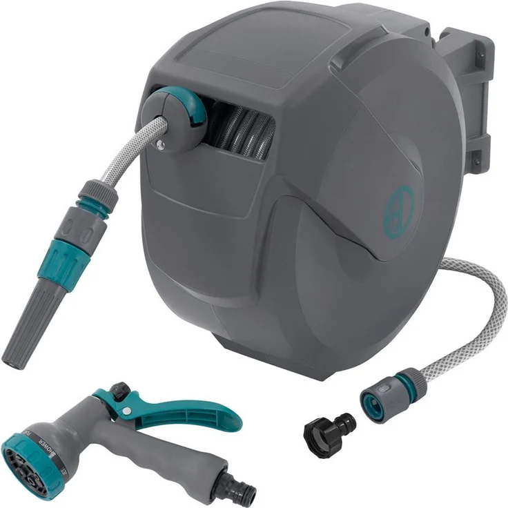 ECD Germany Schlauchaufroller, Schlauchtrommel mit Arretierstop, 9 Sprühfunktionen, 180° schwenkbar, 15m PVC-Schlauch (Grau)