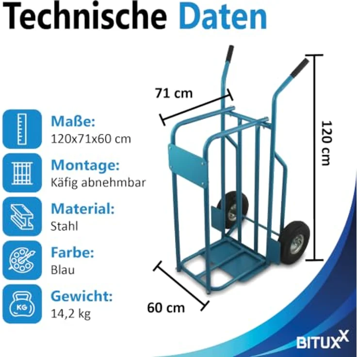 Bituxx Sackkarre Brennholzkarre (MS-15908) mit Transportkäfig, Stahlrahmen, blau, Tragkraft 100 kg, Luftbereifung – Bild 5