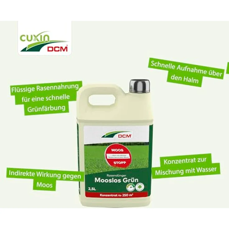 Cuxin DCM Mooslos Grün, flüssiger Rasendünger mit schneller Nährstoffversorgung für 250 qm, 2,5l – Bild 3