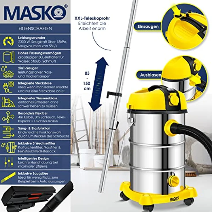 MASKO® Industriestaubsauger Staubsauger Nass Trocken Sauger Edelstahl 2300W + Steckdose | Blasfunktion | Push&Clean | Industrie-mit & ohne Beutel | beutellos Gelb – Bild 2