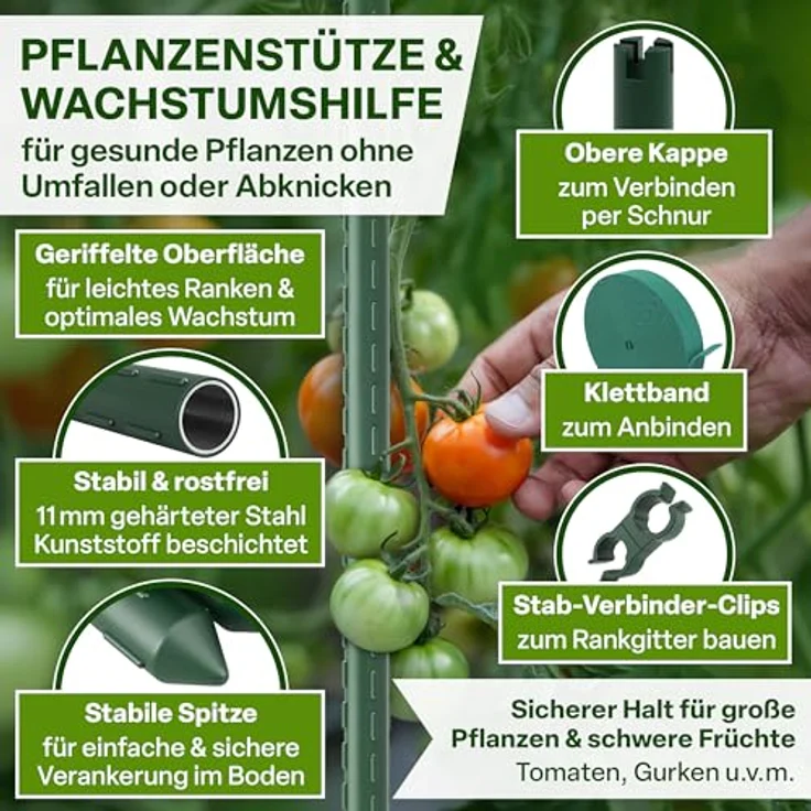 TTL GARDEN Rankstäbe 15er Set, 150cm grün, aus rostfreiem Stahl, mit Klettband und Clips, optimale Rankhilfe für Tomaten, Gurken und Blumen – Bild 3