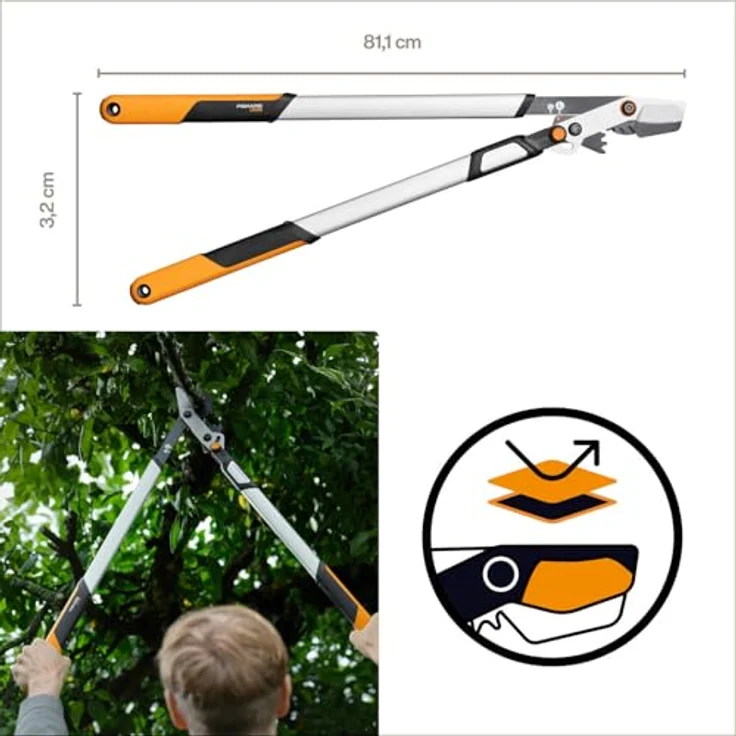 Fiskars X-series DualAction Astschere Bypass LX108, 2-in-1 mit Geschwindigkeit- und Kraft-Modus, antihaftbeschichtete Stahlklingen, leichte Aluminiumarme mit SoftGrip, Schwarz/Orange – Bild 2