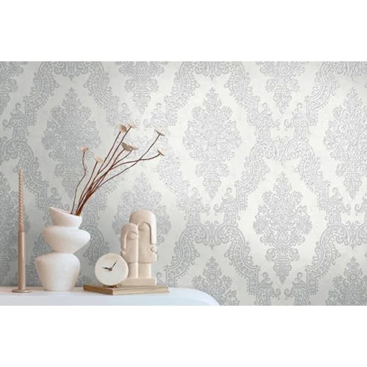 A.S. Création Pure Elegance Vliestapete mit Ornamenten, 0,53 x 10,05 m, Weiß und Grau, Barocktapete, Made in Germany, robust und waschbeständig – Bild 5