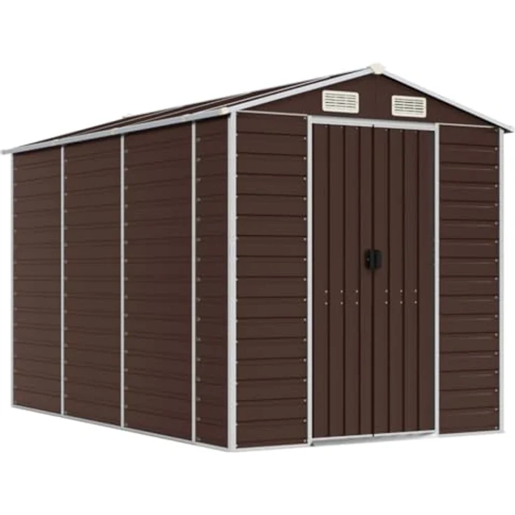 vidaXL Gerätehaus, Gartenhaus mit Schrägdach Griffe, Gartenschuppen Schuppen mit Stauraum, Geräteschuppen Metallschuppen, Braun 191x300x198 cm Verzinkter Stahl – Bild 1