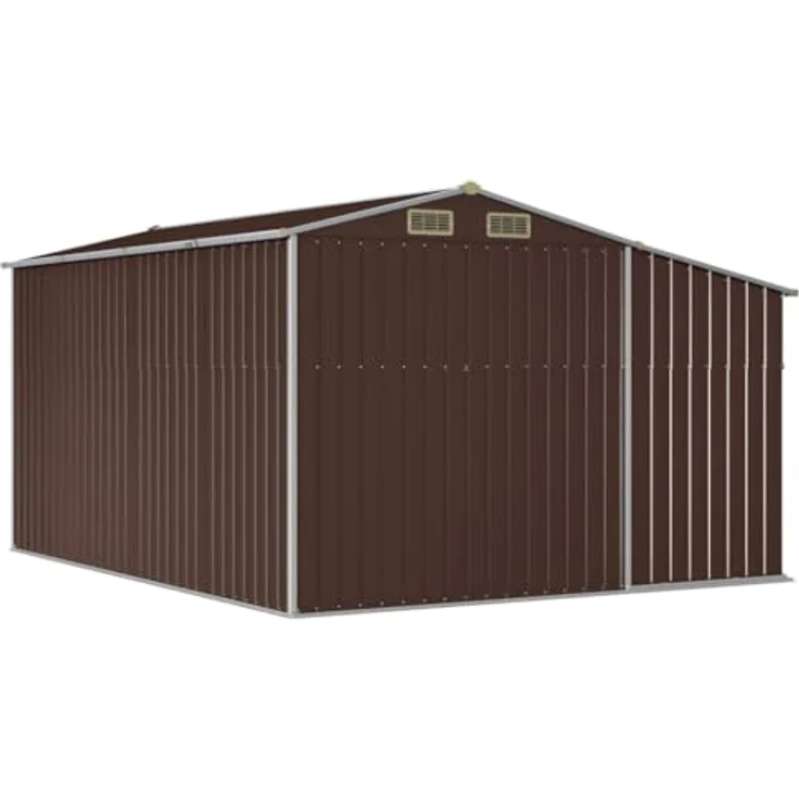 vidaXL Gerätehaus, Gartenhaus mit Schrägdach Griffe, Gartenschuppen Schuppen mit Stauraum, Geräteschuppen Metallschuppen, Braun 277x365,5x179 cm Verzinkter Stahl – Bild 5