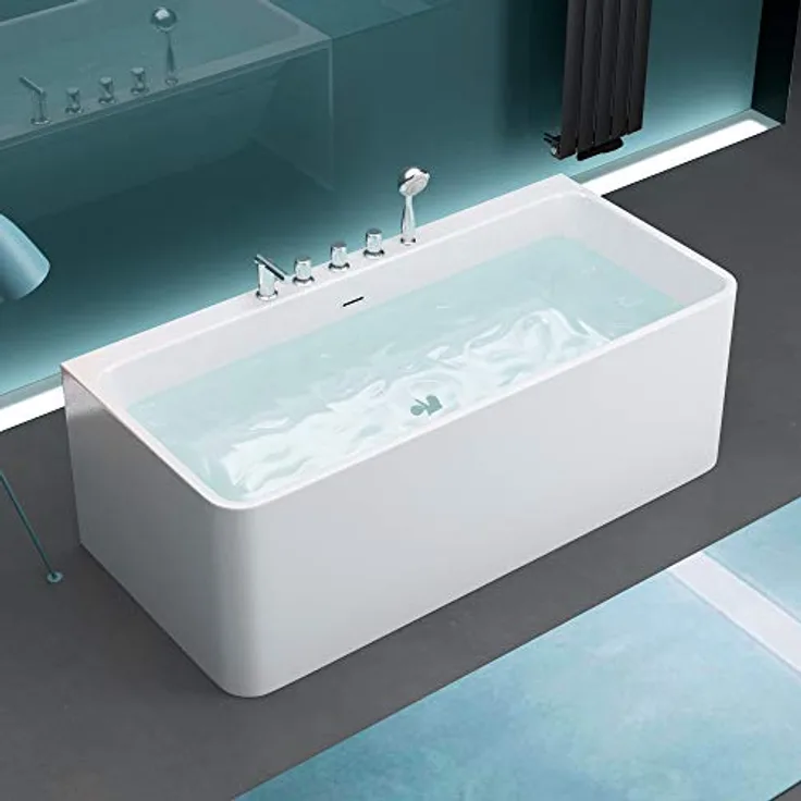 Mai & Mai Freistehende Badewanne 170x80cm Rechteck Sanitäracryl mit Armatur Standbadewanne V601s MA, weiß