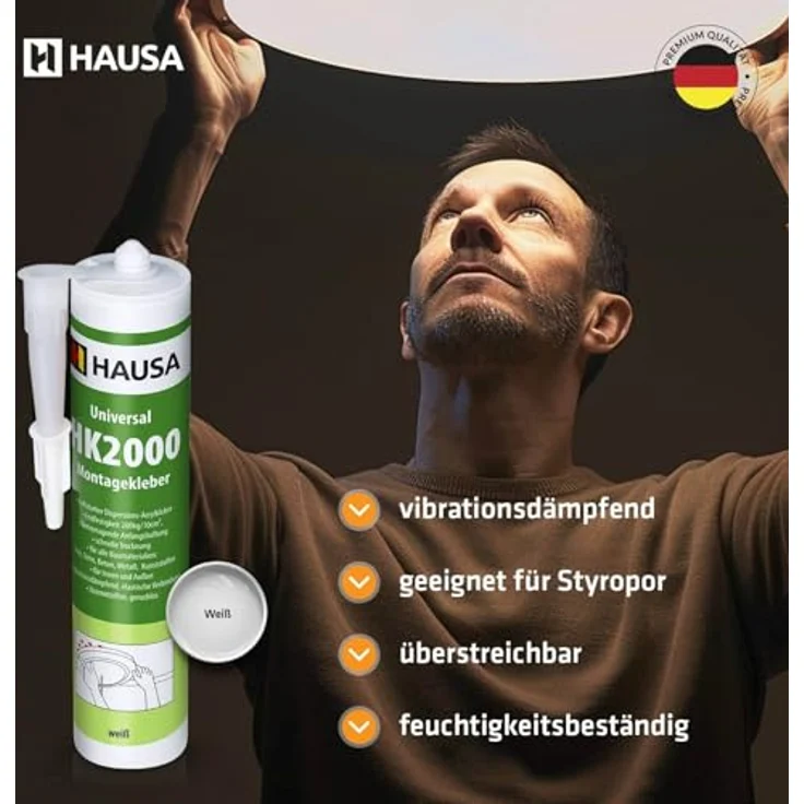 Hausa Montagekleber HK2000 18x 540g extra starker Acryl-Kleber weiß für Innen & Außenbau Styropor Leisten elastisch überstreichbar – Bild 3
