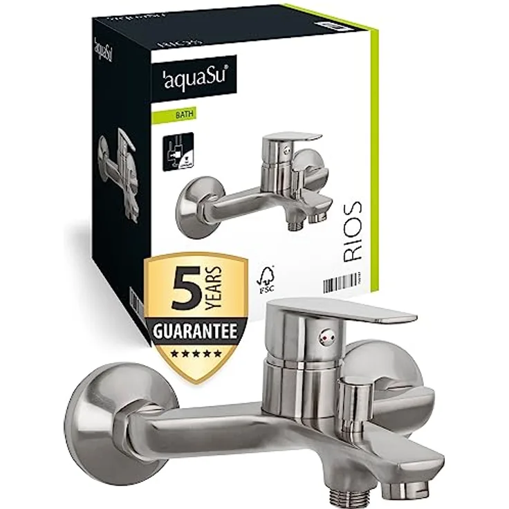 aquaSu® Wannenarmatur Rios mit Umsteller, Typ 1/2 '' Brauseabgang unten, Wandbefestigung, Standard S-Anschlüsse, Keramikkartusche, Messingkern, Edelstahl, 798747