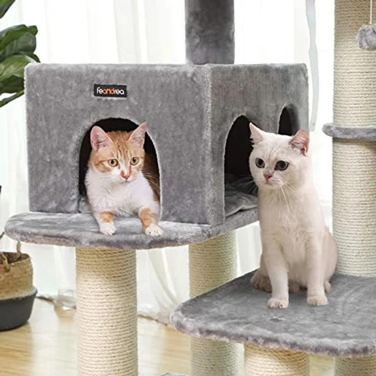 Feandrea Kratzbaum mit XXL Aussichtsplattform, Liegemulde, große Kuschelhöhle, verstellbare Elemente, extra Dicke Stämme komplett mit Sisal umwickelt, Katzenbaum, stabil, Hellgrau PCT01W – Bild 2