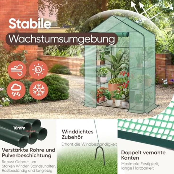 Sekey Gewächshaus 200x145x75 cm, stabil mit 4 Regalböden, wasser- und winddichte PE-Folie, grün, XL – Bild 4