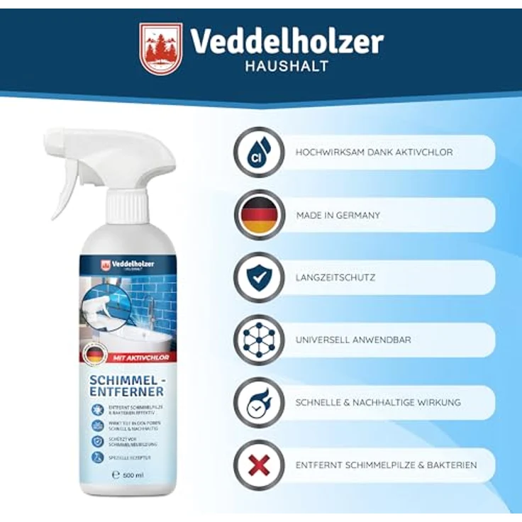 Veddelholzer Premium Schimmelentferner mit Aktivchlor, Anti Schimmelspray für Wände, Fenster, Bad und mehr, 500ml – Bild 4