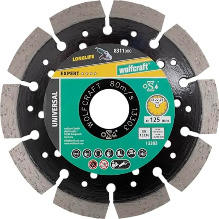 wolfcraft Diamant-Trennscheibe PRO LASER UNIVERSAL I 8311000, segmentiert, ideal für armierten Beton, Ø 125mm, 10mm