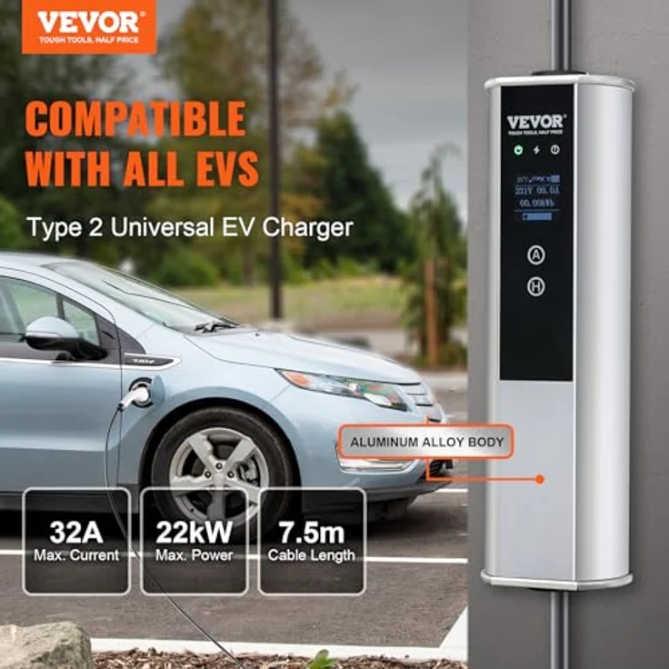 VEVOR Tragbares EV-Ladegerät Typ2, 32A 7,36kW, 7,5m Ladekabel mit CEE 32 Stecker, 4-stufige Stromanpassung, IP66 wasserdicht – Bild 2