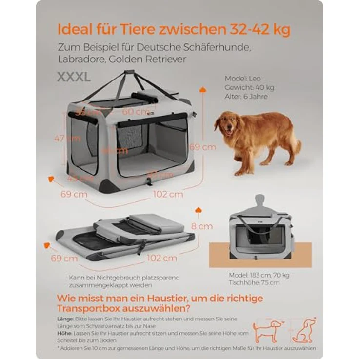 Feandrea Hundebox faltbar, Transportbox Hund, XXXL, atmungsaktiv Netzstoff, Metallrahmen, rauchgrau – Bild 3