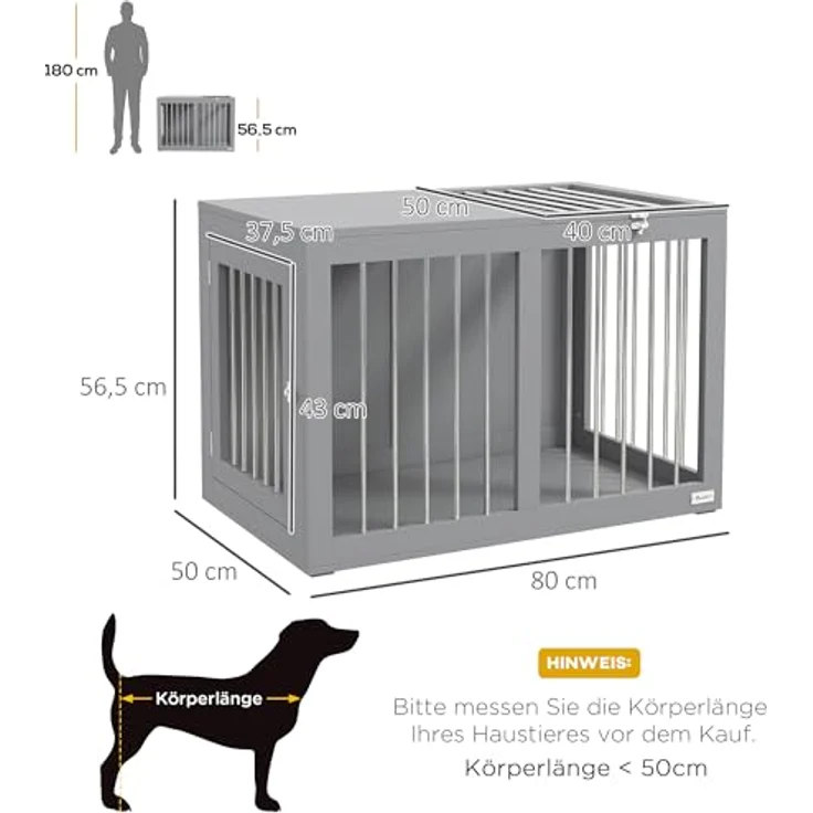 PawHut Hundekäfig für Zuhause, Hundehütte, Haustierkäfig für mittelgroße Hunde, Hundebox mit Türen, Hundehaus, Transportkäfig, Grau, 80 x 50 x 56,5 cm – Bild 5