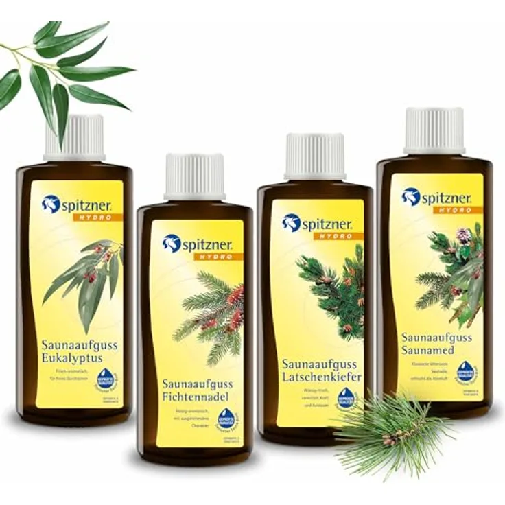 Spitzner Saunaaufguss-Set Saunamed, 4 x 190 ml, würzig-frischer Duft mit Menthol und Nadelbaumölen für freies Atmen