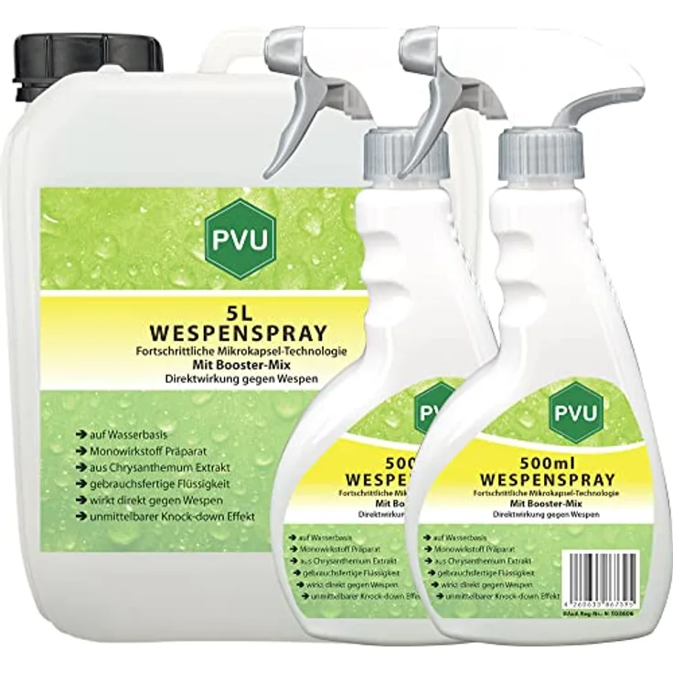 Pvu Wespenspray 5 Liter + 2x500ml | Wespenabwehr formuliert in Deutschland | Hochwirksames Wespengift aus reinen Chrysanthemum Extrakt