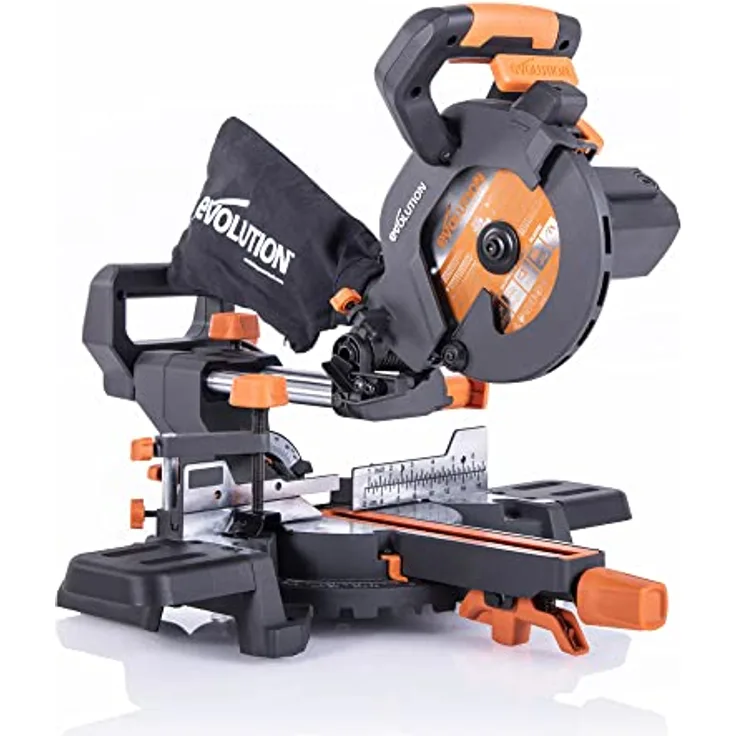 Evolution Power Tools R185SMS+ 185mm Gehrungssäge mit Laserführung, 45° Fase, 50° Gehrung, inkl. Universalblatt