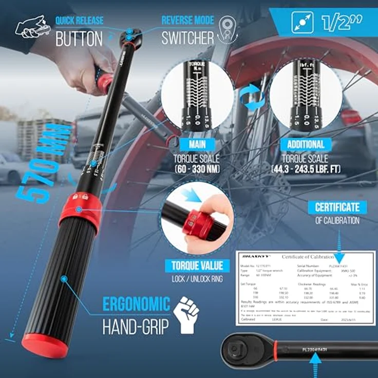 HASKYY Drehmomentschlüssel 1/2" 60-330Nm, präzise einstellbar mit Zertifikat und ergonomischem Griff – Bild 4