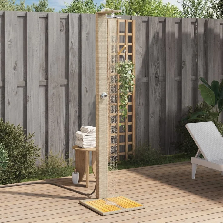 vidaXL Gartendusche aus Beige Poly Rattan und Akazienholz, freistehende Dusche mit drehbarer Brause – Bild 1